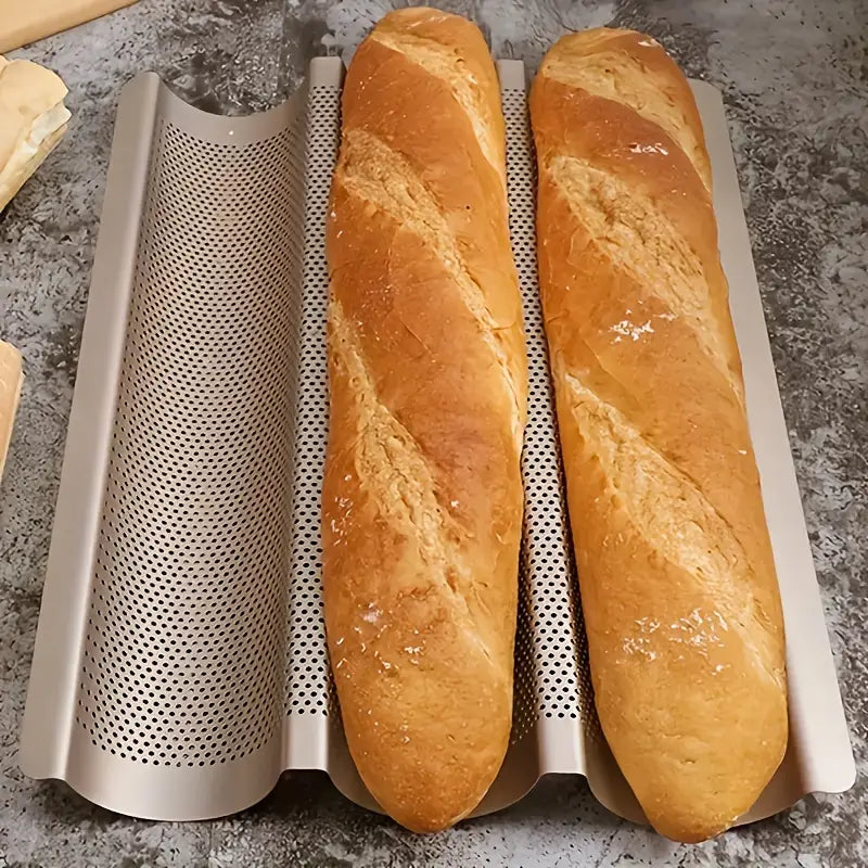 Professional Bakery Results - Heavy-Duty Carbon Steel French Bread Pan with Non-Stick Surface & Perforated Slots - 3-Slot Baguette Pan for Home & Commercial Kitchens - Perfect for artisan loaves