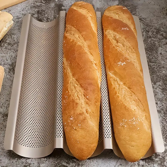 Professional Bakery Results - Heavy-Duty Carbon Steel French Bread Pan with Non-Stick Surface & Perforated Slots - 3-Slot Baguette Pan for Home & Commercial Kitchens - Perfect for artisan loaves